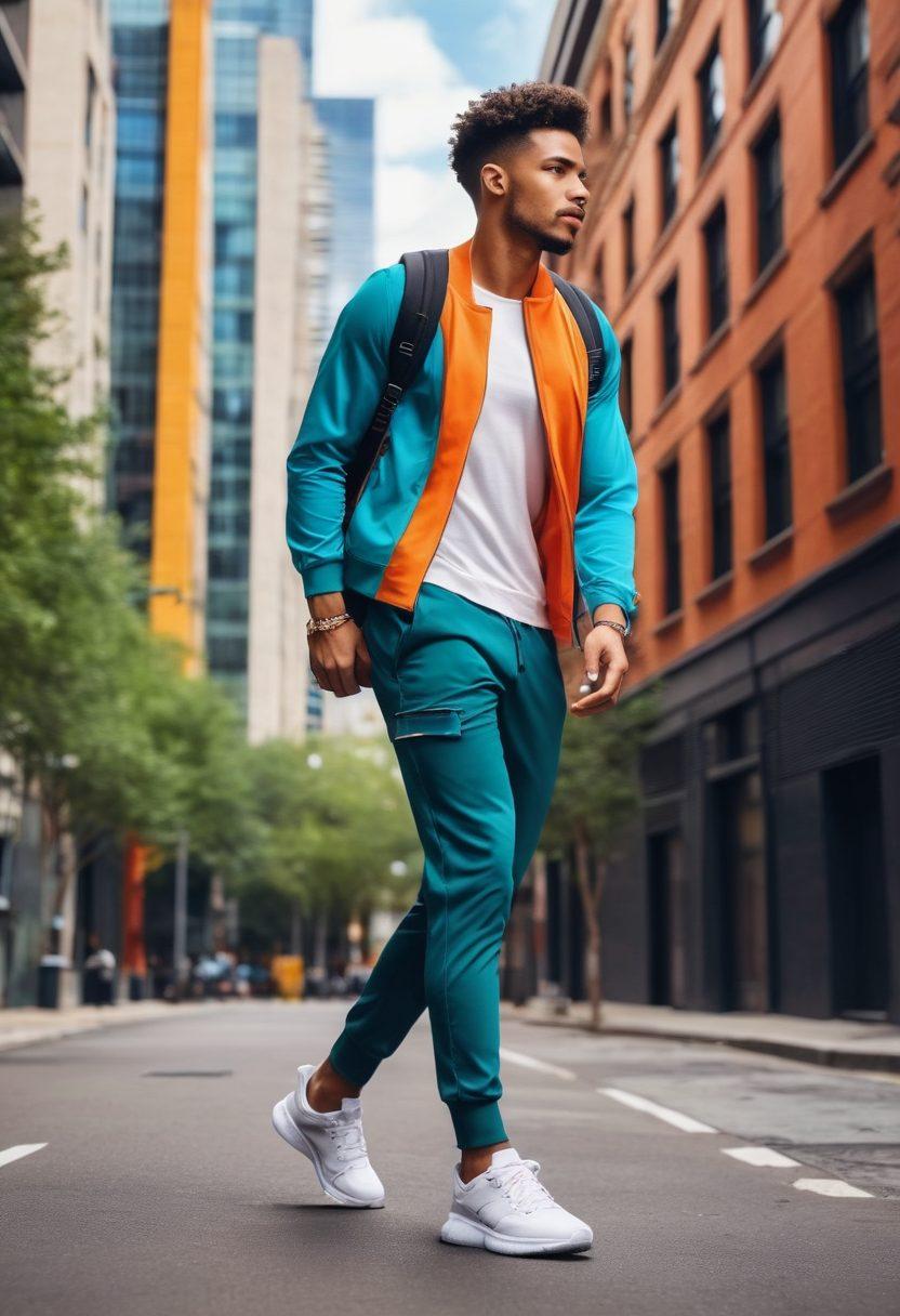 A stylish man in modern athletic wear confidently striding through an urban setting, showcasing dynamic movements and vibrant colors. Incorporate trendy accessories like a sleek backpack and stylish sneakers, with a backdrop of city life featuring tall buildings and greenery. Highlight the fusion of fashion and fitness, capturing the essence of an active lifestyle. super-realistic. vibrant colors. urban background.