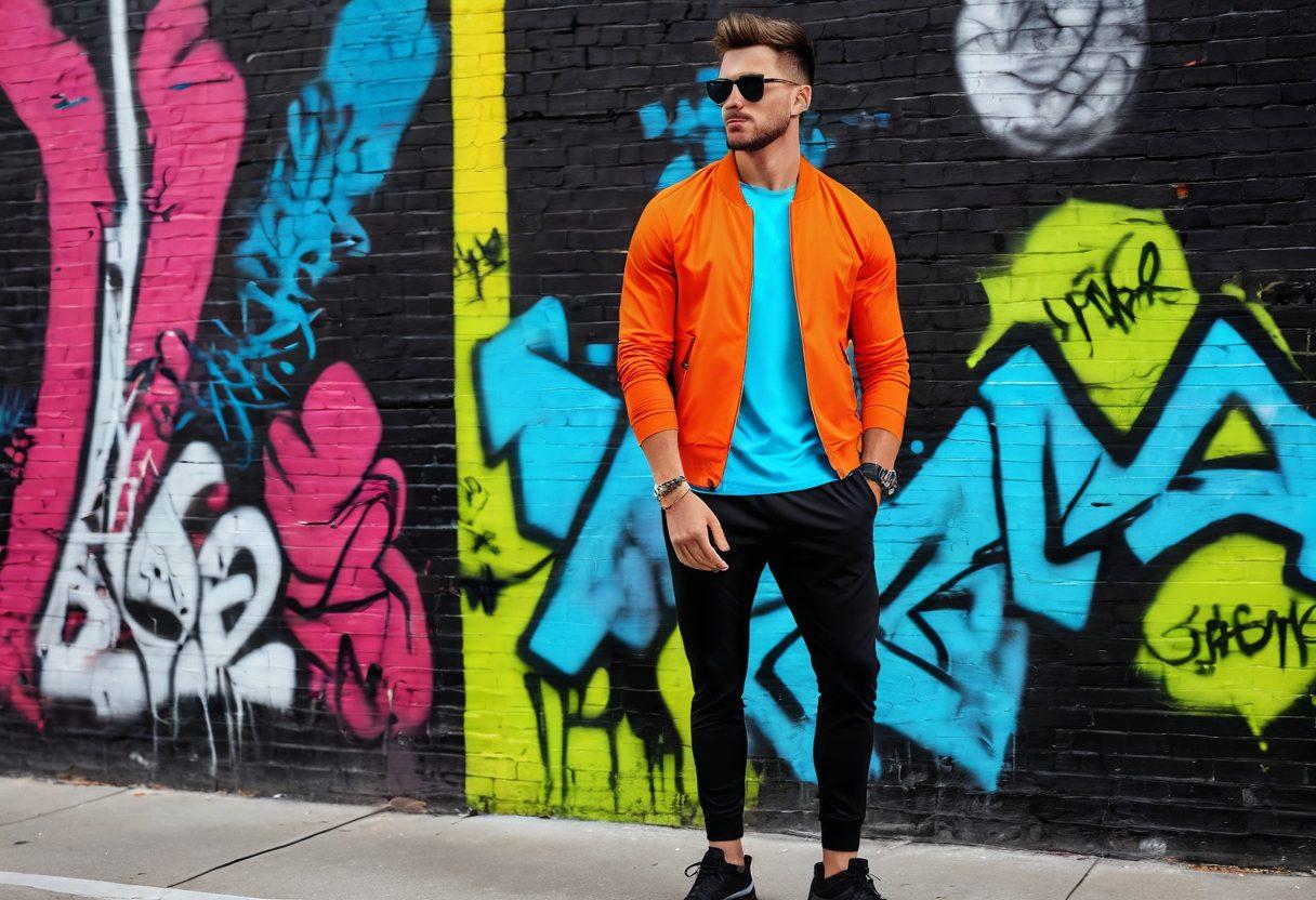 A stylish modern man in an urban setting, showcasing a blend of casual and chic activewear, with a trendy city background. Include dynamic poses demonstrating movement and confidence, surrounded by vibrant graffiti art and a fitness-focused atmosphere. Emphasize versatility and comfort in the outfits, highlighting contemporary fabrics and accessories. Use bright, eye-catching colors for a lively feel. super-realistic. vibrant colors. urban background.