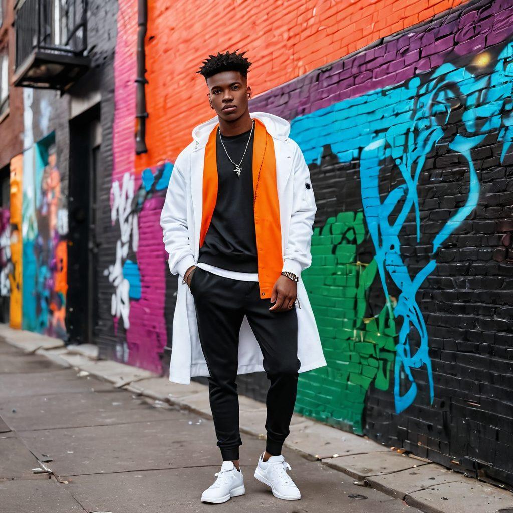A stylish individual in urban wear, blending modern fashion with practicality, standing confidently in a vibrant cityscape. The outfit is a mix of comfortable athleisure and trendy accessories, showcasing dynamic colors and textures. Incorporate elements like graffiti art on walls and street art installations in the background to capture the urban vibe. The scene should exude an effortless coolness and inspire creativity in everyday fashion choices. super-realistic. vibrant colors. city background.